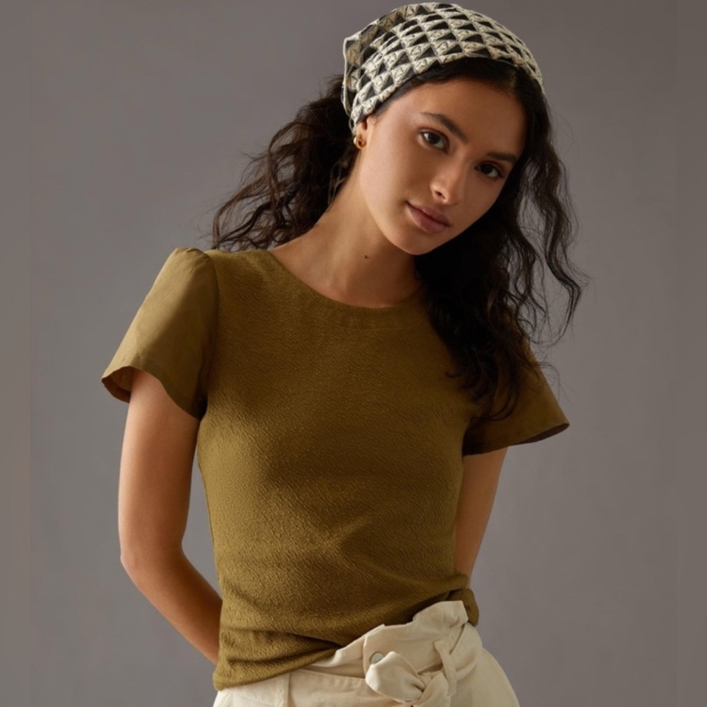 Anthropologie Short Sleeve Lace-Up Flutter Green Top with Criss Cross Back